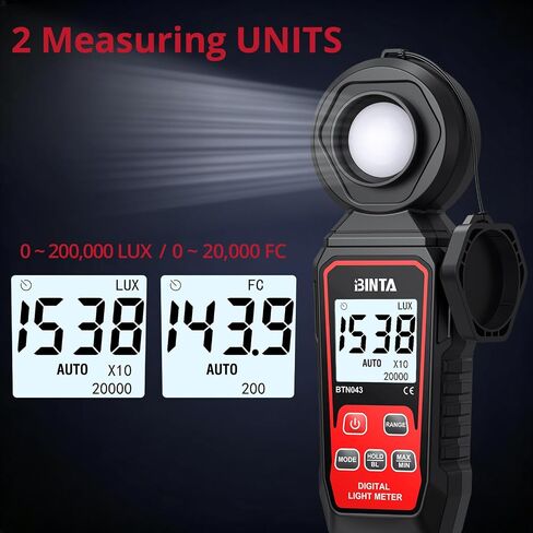 BINTA Handheld Digital Light Meter, Lux FC Illuminance Meter 0~200,000 Lux | 4 Digit Backlit LCD, Rotatable Sensor Max/Min Data Hold Auto Record Tester for Plants Photography Car LED Lights in Kuwait