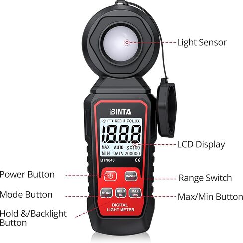 BINTA Handheld Digital Light Meter, Lux FC Illuminance Meter 0~200,000 Lux | 4 Digit Backlit LCD, Rotatable Sensor Max/Min Data Hold Auto Record Tester for Plants Photography Car LED Lights in Kuwait