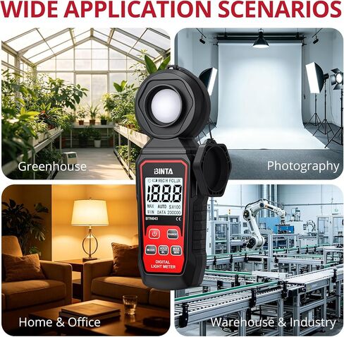 BINTA Handheld Digital Light Meter, Lux FC Illuminance Meter 0~200,000 Lux | 4 Digit Backlit LCD, Rotatable Sensor Max/Min Data Hold Auto Record Tester for Plants Photography Car LED Lights in Kuwait