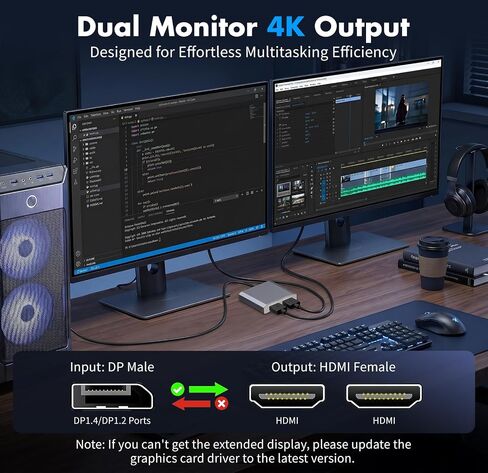 DisplayPort to Dual HDMI Adapter 1 in 2 Out, 4K@60Hz DP to HDMI Splitter for Dual Monitors, Extended Display MST Hub for Windows PC, NVIDIA/AMD Graphics Card [Mac OS Mirror Only] in Saudi Arabia