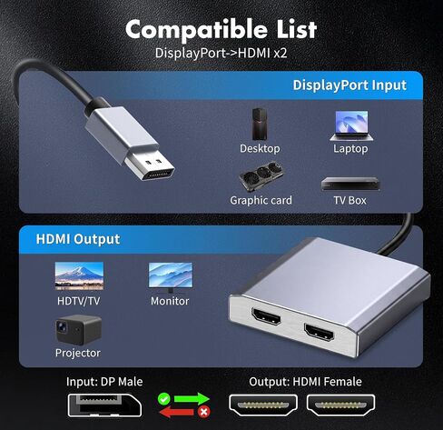 DisplayPort to Dual HDMI Adapter 1 in 2 Out, 4K@60Hz DP to HDMI Splitter for Dual Monitors, Extended Display MST Hub for Windows PC, NVIDIA/AMD Graphics Card [Mac OS Mirror Only] in Saudi Arabia