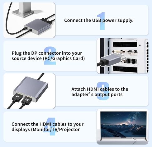 DisplayPort to Dual HDMI Adapter 1 in 2 Out, 4K@60Hz DP to HDMI Splitter for Dual Monitors, Extended Display MST Hub for Windows PC, NVIDIA/AMD Graphics Card [Mac OS Mirror Only] in Saudi Arabia