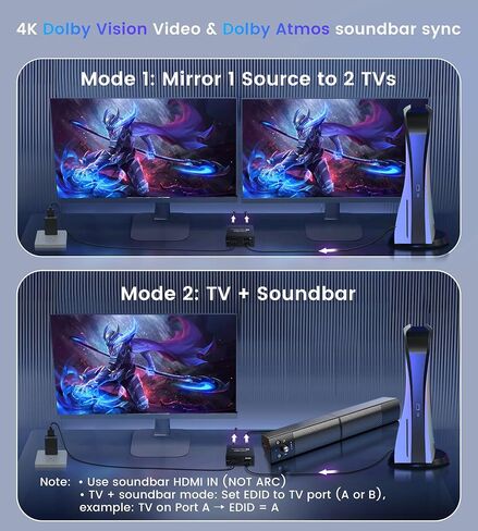 4K@60Hz HDMI Splitter 1 in 2 Out w/ 4ft HDMI Cable, HDMI Audio Splitter for Soundbar, Support Dolby Vision/Atmos 7.1ch, Downscaler 4K/1080P Sync, 1080P@120Hz, 2K@144Hz, Work for Firestick, PS5, Roku in Saudi Arabia