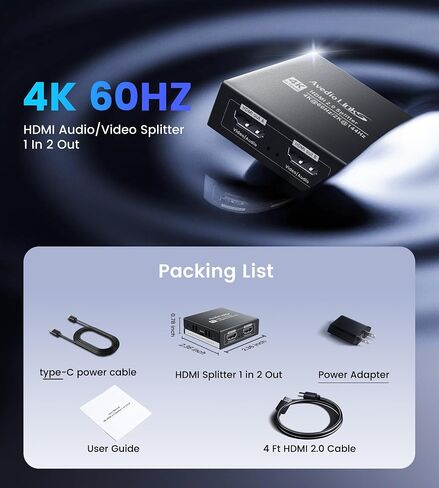 4K@60Hz HDMI Splitter 1 in 2 Out w/ 4ft HDMI Cable, HDMI Audio Splitter for Soundbar, Support Dolby Vision/Atmos 7.1ch, Downscaler 4K/1080P Sync, 1080P@120Hz, 2K@144Hz, Work for Firestick, PS5, Roku in Saudi Arabia