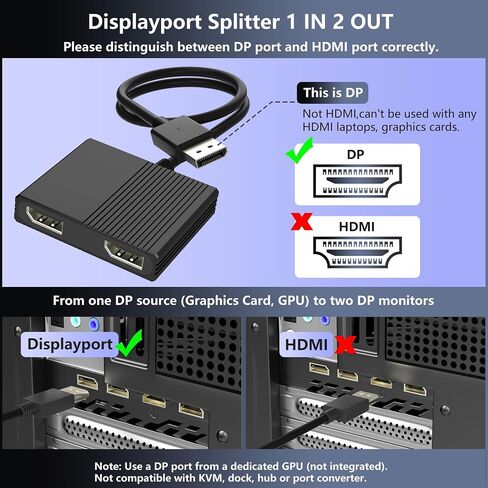 Displayport MST Hub, 4K@120Hz Display Port Splitter for Dual Monitors, DP to Dual DP Adapter 1 in 2 Out, DisplayPort Splitter Extended Display, Monitor Splitter for Laptop, Desktop, Graphics Card in Saudi Arabia