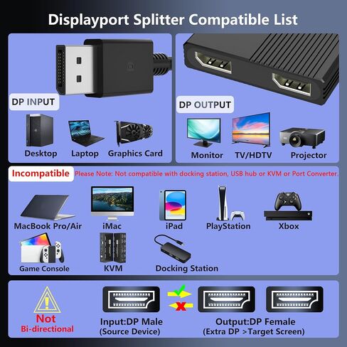 Displayport MST Hub, 4K@120Hz Display Port Splitter for Dual Monitors, DP to Dual DP Adapter 1 in 2 Out, DisplayPort Splitter Extended Display, Monitor Splitter for Laptop, Desktop, Graphics Card in Saudi Arabia