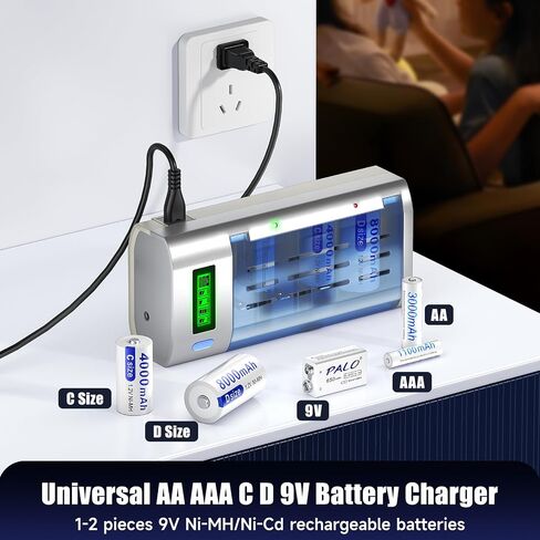 Battery Charger for C D AA AAA 9V Ni-MH Ni-CD Rechargeable Batteries with Discharge Function & AC Plug Included and Car Charging Cable in Saudi Arabia