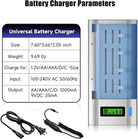 Battery Charger for C D AA AAA 9V Ni-MH Ni-CD Rechargeable Batteries with Discharge Function & AC Plug Included and Car Charging Cable in Saudi Arabia