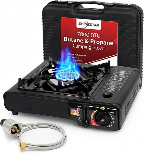 SHINESTAR 7800 BTU Dual Fuel Camping Stove, Propane Portable Gas Stove | Propane or Butane Camp Stove with Adjustable Heat Dial, Carry Case & Propane Adapter Hose,for Outdoor Cooking and Emergencies in Saudi Arabia