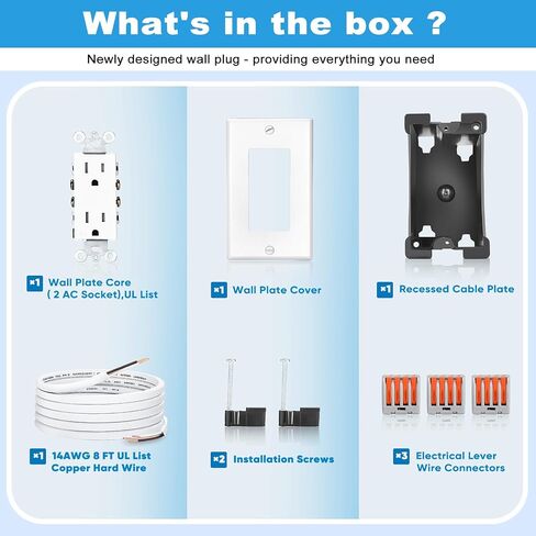 in-Wall Outlet Relocation Kit, 2 AC Outlets, 8 ft Cord, White | Recessed 2-outlet wall box and 8 ft cord for relocating power and hiding TV cords in Saudi Arabia