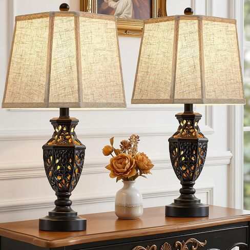 EJIAXIN Bedside Lamps Set of 2-23.5" Vintage Table Lamp with USB A+C and Nightlight - Brown Carved Resin Farmhouse Desk Lamp for Bedrooms, End Tables, Living Room, Bulbs Included in Saudi Arabia