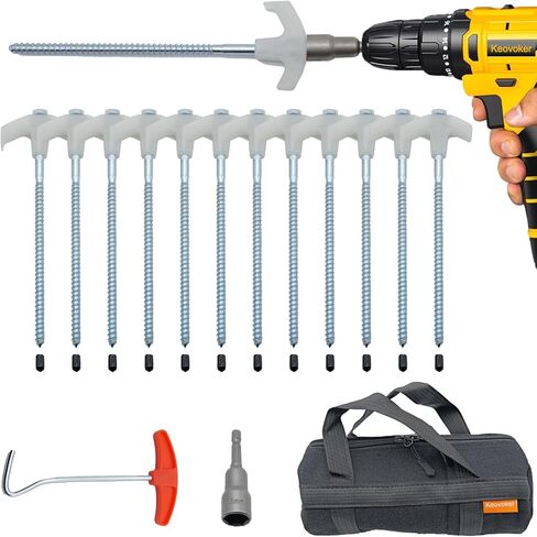 12 Pack Screw in Tent Stakes Heavy Duty, 8" Metal Pegs, Glow in Dark | Drill in, Spikes Puller, Hex Head Driver, Protector/Stopper in Storage Bag, for Camping, Canopy, Gardening, Yard & Decoration in Kuwait