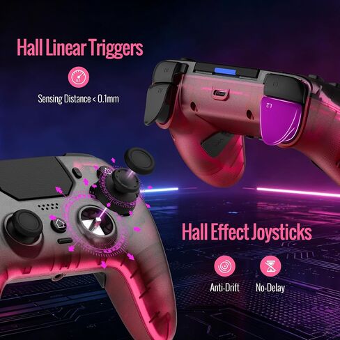 BETMI Wireless Controller for PS-5, Pro/Slim/PC (Black/Hot Pink/Clear) | Hall Effect Joystick & Trigger/Macro/Turbo/RGB Light/3.5mm TRRS Audio Jack/Speaker/Mic/Mute Button/6-Axis Gyro/Dual Vibration in Saudi Arabia