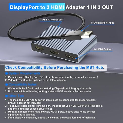 DisplayPort to 3 HDMI Splitter Extended Display, 4K@60Hz DisplayPort to HDMI Adapter for 3 Monitors, Display Port Splitter 1 IN 3 OUT MST Hub, DP Multiple Monitors Adapter for PC/Graphic Card in Kuwait