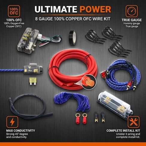 8 Gauge 100% Copper OFC Complete Amplifier Wiring Kit with High to Low Converter, Car Audio Subwoofer Amp Installation Wire Kit with RCA Cable, Fuse Holder, Zip Ties & Insulation Tape in Saudi Arabia
