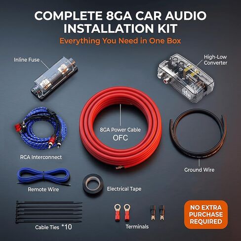 8 Gauge 100% Copper OFC Complete Amplifier Wiring Kit with High to Low Converter, Car Audio Subwoofer Amp Installation Wire Kit with RCA Cable, Fuse Holder, Zip Ties & Insulation Tape in Saudi Arabia