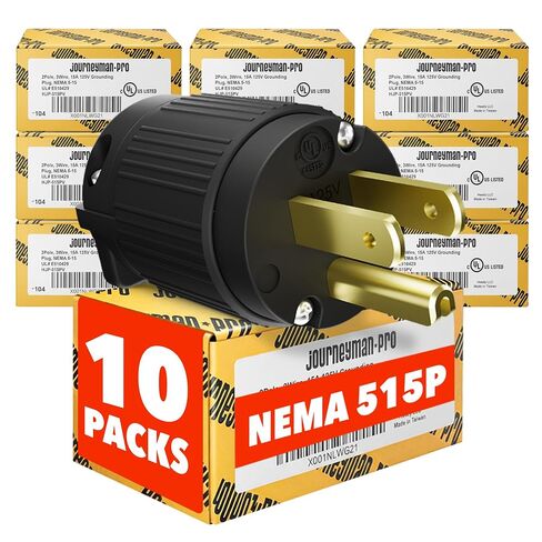 Journeyman-Pro 515PV Male Electrical Plug Replacement, 15 Amp 125V, 1-Pack | 3 Prong, NEMA 5-15P Straight Blade Plug, Extension Cord End Repair, 2-Pole 3-Wire, Commercial Grade PVC, Black, ETL Listed in Saudi Arabia