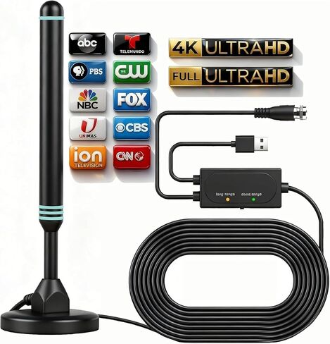 Amplified Digital TV Antenna for Smart TV Indoor Local Channels, Switchable Signal Booster HDTV Antenna for Long Range, Digital Antenna 4K 1080p HD Free Channels VHF/UHF 28dB in Saudi Arabia