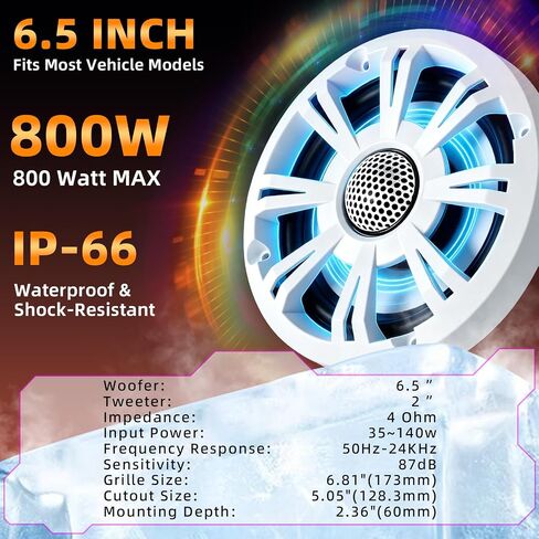 سماعات هاربورويف 6.5 البحرية مع أضواء LED زرقاء، مكبرات صوت للقوارب مقاومة للماء بقدرة 800 وات IP66، مكبرات صوت بحرية محورية ثنائية الاتجاه مقاس 6 1/2 بوصة للقوارب والطوافات، أبيض، زوج in Kuwait