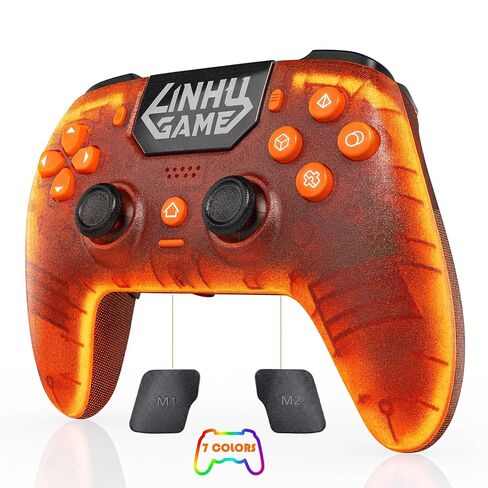 citnh Wireless Controller for PS-5/Pro/Slim/PC, with Transparent Shell/RGB Tape Light/Hall Effect Joyticks and Trigger/Macro/Turbo/3.5mm Audio Jack/Speaker and Mic/1500 mAh Large Battery Gamepad (Orange) in Kuwait