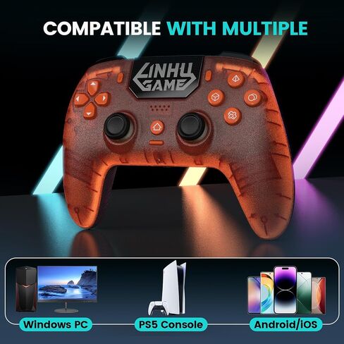 citnh Wireless Controller for PS-5/Pro/Slim/PC, with Transparent Shell/RGB Tape Light/Hall Effect Joyticks and Trigger/Macro/Turbo/3.5mm Audio Jack/Speaker and Mic/1500 mAh Large Battery Gamepad (Orange) in Kuwait