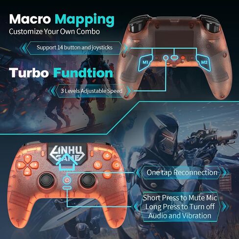 citnh Wireless Controller for PS-5/Pro/Slim/PC, with Transparent Shell/RGB Tape Light/Hall Effect Joyticks and Trigger/Macro/Turbo/3.5mm Audio Jack/Speaker and Mic/1500 mAh Large Battery Gamepad (Orange) in Kuwait