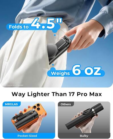 【Max 17"】 MRGLAS Magnetic Mini Tripod Selfie Stick for iPhone【4.5" Pocket】 | 【17" Max Extendable】4.5" Pocket Stand with Wireless Remote, Detachable Clamp, 360° Rotatable for MagSafe, 4-in-1 Mini Tripod in Saudi Arabia