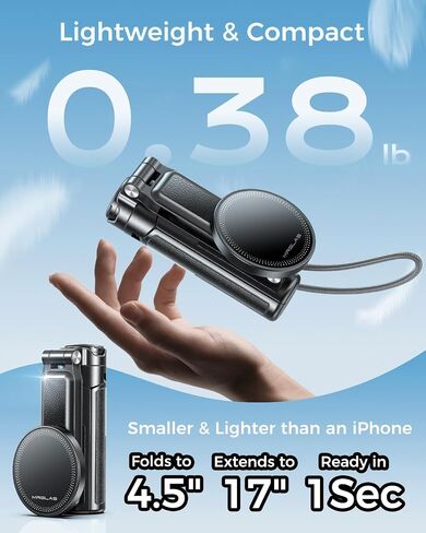 【Max 17"】 MRGLAS Magnetic Mini Tripod Selfie Stick for iPhone【4.5" Pocket】 | 【17" Max Extendable】4.5" Pocket Stand with Wireless Remote, Detachable Clamp, 360° Rotatable for MagSafe, 4-in-1 Mini Tripod in Saudi Arabia