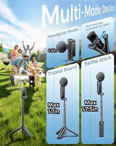 【Max 17"】 MRGLAS Magnetic Mini Tripod Selfie Stick for iPhone【4.5" Pocket】 | 【17" Max Extendable】4.5" Pocket Stand with Wireless Remote, Detachable Clamp, 360° Rotatable for MagSafe, 4-in-1 Mini Tripod in Saudi Arabia