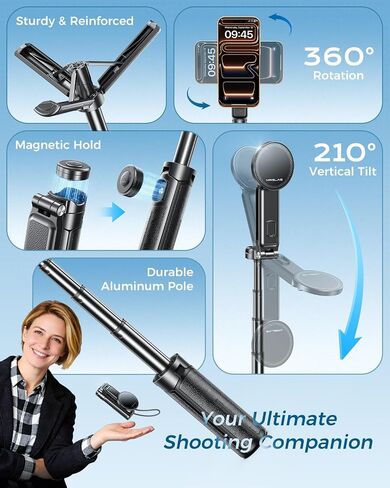 【Max 17"】 MRGLAS Magnetic Mini Tripod Selfie Stick for iPhone【4.5" Pocket】 | 【17" Max Extendable】4.5" Pocket Stand with Wireless Remote, Detachable Clamp, 360° Rotatable for MagSafe, 4-in-1 Mini Tripod in Saudi Arabia