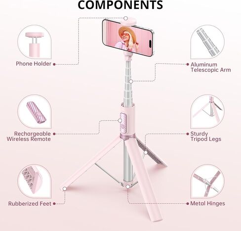 ATUMTEK 55" Selfie Stick Tripod, All-in-one Extendable Aluminum Phone Tripod with Rechargeable Bluetooth Remote for iPhone and More, Fitting 4.7-7 inch Smartphones, Pink in Saudi Arabia
