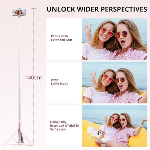 ATUMTEK 55" Selfie Stick Tripod, All-in-one Extendable Aluminum Phone Tripod with Rechargeable Bluetooth Remote for iPhone and More, Fitting 4.7-7 inch Smartphones, Pink in Saudi Arabia