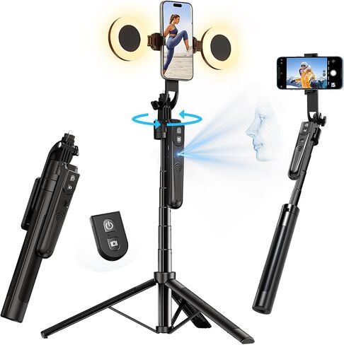 yAyusi 70.9" Auto Face Tracking Selfie Stick Tripod for iPhone with Light, No App, 360° Rotation Tripod that Follows Your Movement with Remote Control for Vlog/Live Stream/Video Recording in Saudi Arabia