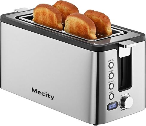 Mecity 4 Slice Toaster, Long Slot Toaster With Countdown Timer, Bagel/Defrost/Reheat/Cancel Functions,Warming Rack, Removable Tray, 6 Browning Settings, Extra Wide Slots, Stainless Steel, 1300W in Saudi Arabia