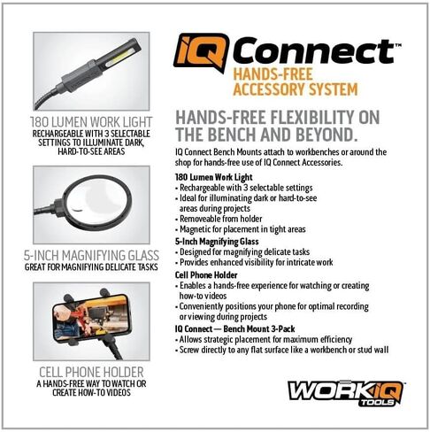 WORK IQ TOOLS IQ Connect | Hands-Free Accessory System with 3 Bench Mounts | Includes Magnifying Glass, Rechargeable Work Light & Cell Phone Holder | Work Bench Accessories Compatible with IQ Vise in Saudi Arabia