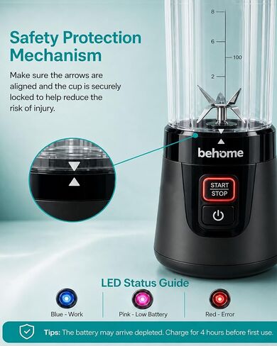 Behome Portable Blender Smoothies and Shakes, Personal Juicer 14 OZ BPA Free Portable Cups, USB-C Rechargeable, Dishwasher Safe Parts - Mini Small Blenders Cup Fits Home, Office, Gym, Travel in Saudi Arabia