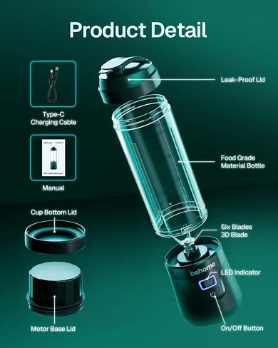 Behome Portable Blender Smoothies and Shakes, Personal Juicer 14 OZ BPA Free Portable Cups, USB-C Rechargeable, Dishwasher Safe Parts - Mini Small Blenders Cup Fits Home, Office, Gym, Travel in Saudi Arabia