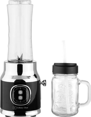 Culinary Chef, 300W Smoothie Maker Blender with 500ml Glass Mason Jar & 600ml BPA-Free Sports Bottle, Personal Smoothie Blender for Smoothies, Shakes, Frozen Fruit & Ice, Black in Saudi Arabia