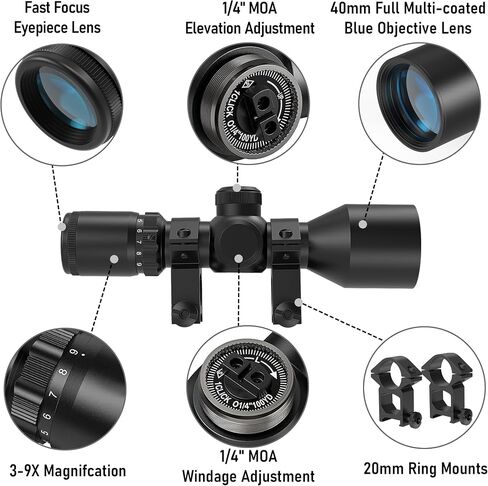 UUQ 3-9x40 Compact Rifle Scope - Crosshair Reticle, Extended Eye Relief,Lightweight Aluminum Scope for Hunting, Clear Lens & Quick Focus| Free Mount Included Fits 20mm Picatinny/Weaver Rail in Saudi Arabia