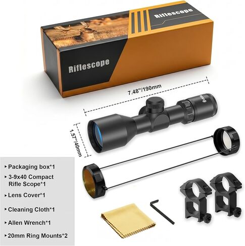 UUQ 3-9x40 Compact Rifle Scope - Crosshair Reticle, Extended Eye Relief,Lightweight Aluminum Scope for Hunting, Clear Lens & Quick Focus| Free Mount Included Fits 20mm Picatinny/Weaver Rail in Saudi Arabia