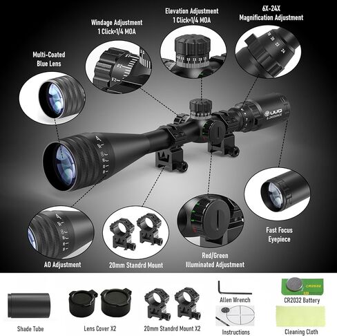 UUQ 6-24x50 AO Rifle Scope, SFP Crosshair Reticle, Front Adjustable Objective Parallax, Locking Resettable Turrets, Red/Green Illuminated, 20mm Picatinny/Weaver Rings Included, Waterproof Fogproof in Saudi Arabia