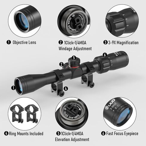 UUQ 3-9x32 Rimfire Rifle Scope - Clear Optics with Upgraded Objective Lens, Waterproof Fogproof, Lightweight Design + 20mm Rail Rings for Hunting in Saudi Arabia