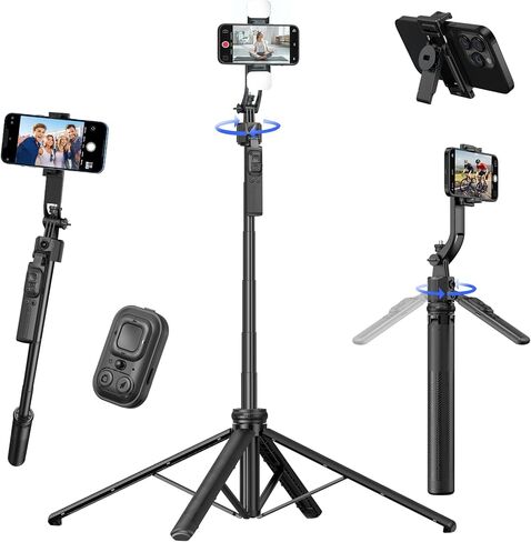 Auto Face Tracking Tripod for iPhone with Light, No APP Needed 70.9" Tripod | iPhone Stand for Video Recording, Selfie Stick Tripod Follows Your Movement with Remote for Content Creator Vlog Live in Kuwait