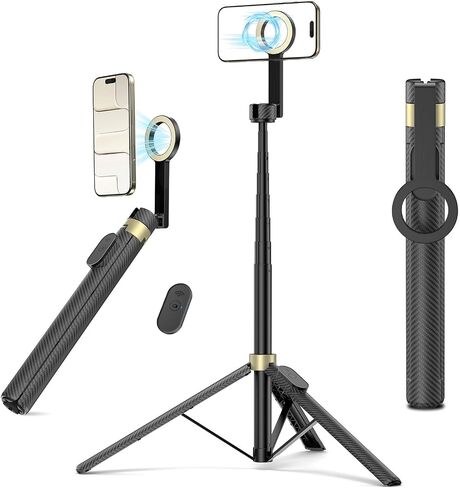Magnetic Tripod for iPhone, Selfie Stick Tripod Mount Ring for Magsafe, 360° Rotatable Portable Travel Tripod Cell Phone Stand with Metal Ring & Remote, Compatible with iPhone Android, 65" in Saudi Arabia