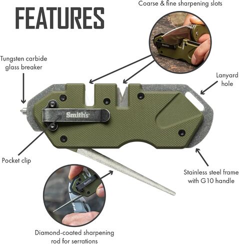 Smith’s 50981 Pocket Pal Tactical Knife Sharpener - OD Green - 2 Stage Sharpener & Diamond Sharpening Rod - Pocket Clip - Outdoor Hunting Knife & Hook Sharpener - Compact & Lightweight in Saudi Arabia