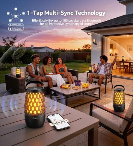 Outdoor Speakers with Ligths Gifts for Men Multi-Sync up to 100 Speakers | IPX5 Waterproof, HD Stereo Sound, Auto-Pairing, House Warming Gifts, Lanterns for Camp|Patio|Pool|Yard, Cool Stuff in Kuwait