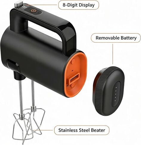 Cordless Hand Mixer, 200W Hand Mixer 8 Speed Dial Control Portable Electric Handheld Mixer with Beaters, Whisks, Charging Base Digital Display,LED, for Butter, Cream,Baking, Cake, Egg(Black) in Saudi Arabia