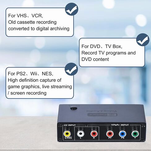2026 Upgraded VHS RCA YPbPr to Digital Converter, 1080P 60Hz Component Composite Audio Video to USB Video Capture Card for VHS VCR DVD PS2 Wii N64, Compatible with Windows Mac Linux Android in Saudi Arabia