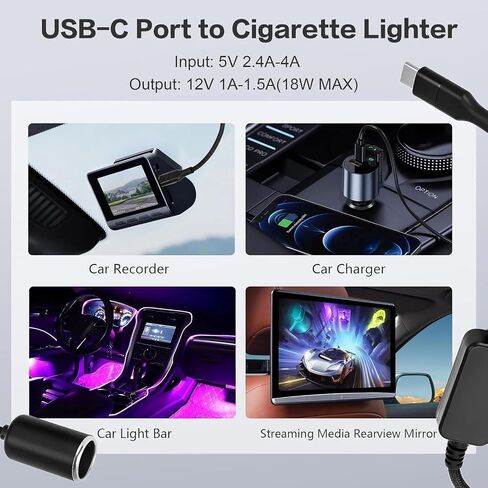 USB C Male to 12V 10W Cigarette Lighter Socket Adapter Power Cable for Dash Cam, GPS, Car Led Light Strips 10W max 1.2M in Kuwait