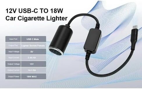 USB C Male to 12V 10W Cigarette Lighter Socket Adapter Power Cable for Dash Cam, GPS, Car Led Light Strips 10W max 1.2M in Kuwait